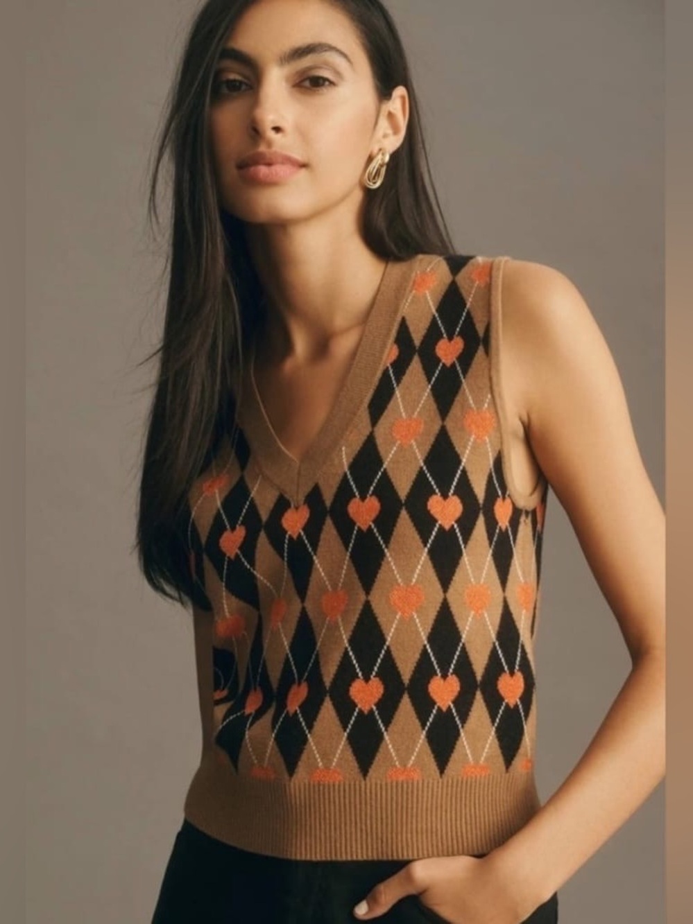 Maeve Brown & Black Argyle Heart V‑Neck Knit Vest